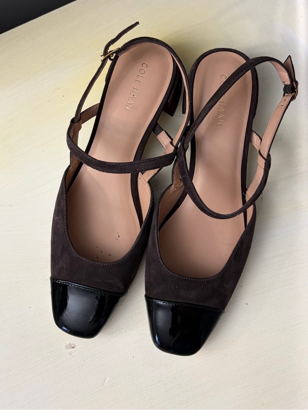Cole Haan Women’s Brown Pela Block Heel Slingback Pumps with Black Patent Toe - Picture 3 of 6